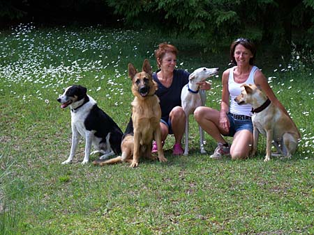Zum Abschluss noch ein Gruppenfoto mit: Zweibeiner Linda und Mireille, Wuffs Sunny, Valentina, Chaska und Floppy, alles Hunde aus dem Tierschutz.
